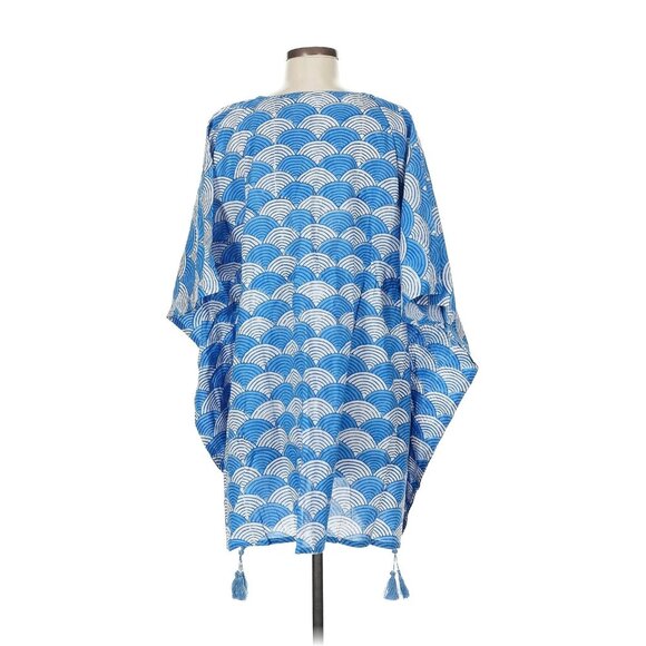 NWT Pax Philomena Short Kaftan in Blue White Fan Arch Print Dress O/S One Size - Picture 2 of 7